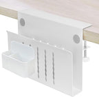 Desk Side Storage, Desk Laptop Holder with Magnetic Pen Holder, No Drill Desk Side Organizer for Office and Home Fits Flat Edge 0.3" to 2.3" - color: White
