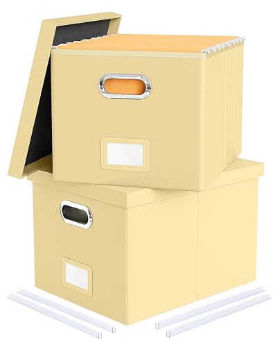 Oterri 2 Pack File Storage Organizer Box, Portable Document Box with Lid,Fit for Letter/Legal File Folder Storage,Cream-yellow(Leather) - color: Cream-yellow(Leather), size: 2 pack