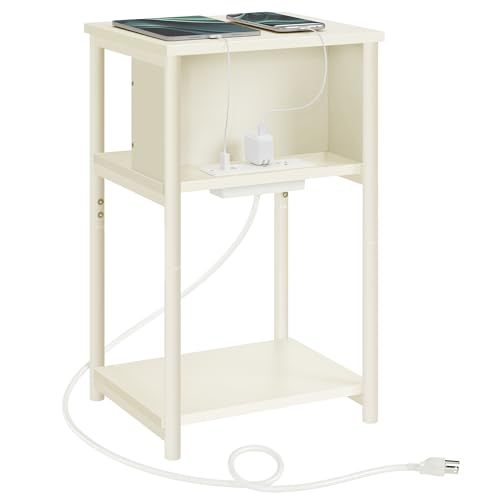 VASAGLE Side Table with Charging Station, 3-Tier End Table with USB Ports and Outlets, Nightstand for Living Room, Bedroom, 11.8 x 13.4 x 22.8 Inches, Plug-in Series, Cream White - color: Cream White