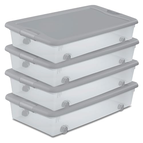 Sterilite 4-Pack 56 Quart Wheeled Latching Box, Underbed Plastic Storage Organizer, Silver - Under Bed Rolling Container Bin with Lid and Wheels for Home or Dorm Bedrooms and Closets - color: Silver, size: 4 Pack