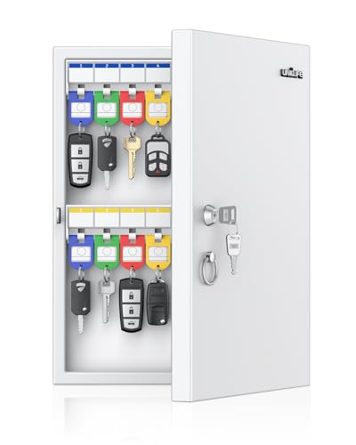 Uniclife 32 Position White Key Lock Box, Wall Mount Key Box, Car Key Organizer with Writable Key Racks and Tags, Security Key Cabinet, Car Key Holder Storage Box for Office Hotel & Company - color: White, size: 32-Key(Key Lock)