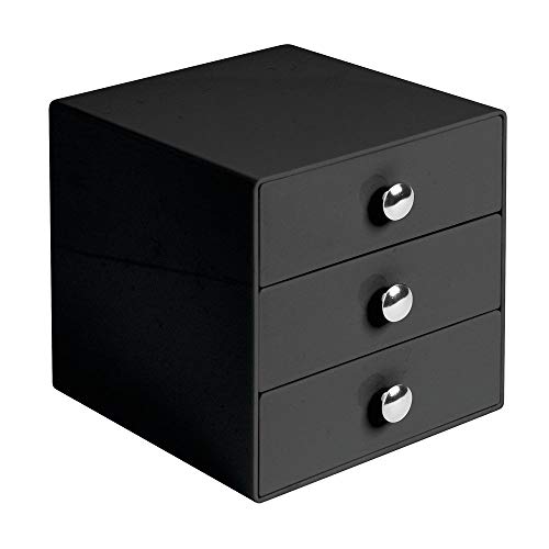 iDesign 35360 3-Drawer Plastic Vanity Organizer, Compact Storage Organization Set for Cosmetics, Dental Supplies, Hair Care, Bathroom, Dorm, Desk, Countertop, Office, 6.5" x 6.5" x 6.5", Black - color: Black, style: Pack of 1