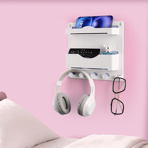 Bedside Wall Shelf with Glasses Hooks ，Adhesive Bedside Organizer Wall Mount for Dorm and Room Accessories Phone，Remote，Earphone， Kindle (White) - color: White