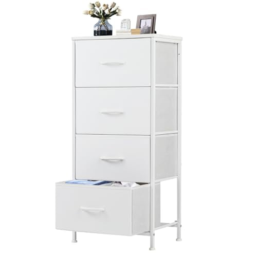 DUMOS Nightstand with 4 Drawers Bedside Table with Removable Fabric Bins Sturdy Steel Frame Wood Top Organizer Furniture for Bedroom Closet Living Room - color: White, size: 11.8"D x 17.7"W x 37.4"H (4 Drawers)