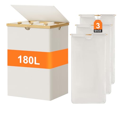 WOWLIVE 180L Laundry Hamper 3 Section, Bamboo Laundry Basket with lid, Extra Large Dirty Clothes Hamper with Removable Linner Bags, Laundry Bin Organizer Storage for Dorm Bedroom Bathroom, Beige - color: Beige, size: 180L (21.1 x 15.8 x 32.7 Inches)