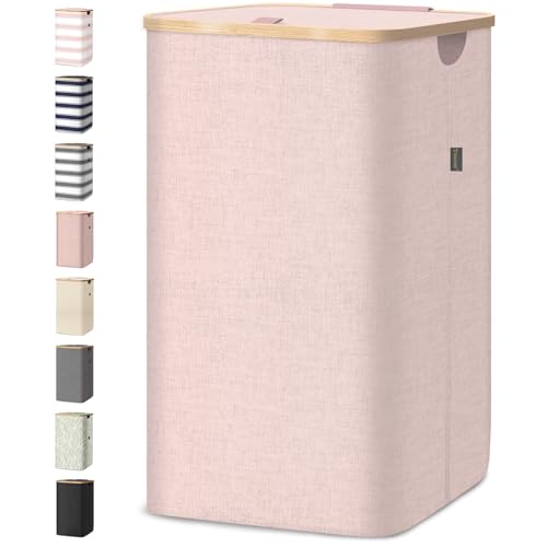 BALEINE Laundry Hamper with Lid, Tall Laundry Baskets with Bamboo Pull Handles, Large Laundry Bin with Internal Support (18 Gal/70L, Pink) - color: Pink, size: 70 liters