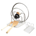 2 in 1 Pot Lid Holder & Spoon Rest for Kitchen Counter, Plastic Utensil Rest with Stainless Steel Pan Lid Holder Organizer While Cooking, Countertop Space Saving Pot Cover Rack | Easy to Clean - color: White- 1 Pack