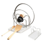 2 in 1 Pot Lid Holder & Spoon Rest for Kitchen Counter, Plastic Utensil Rest with Stainless Steel Pan Lid Holder Organizer While Cooking, Countertop Space Saving Pot Cover Rack | Easy to Clean - color: White- 1 Pack
