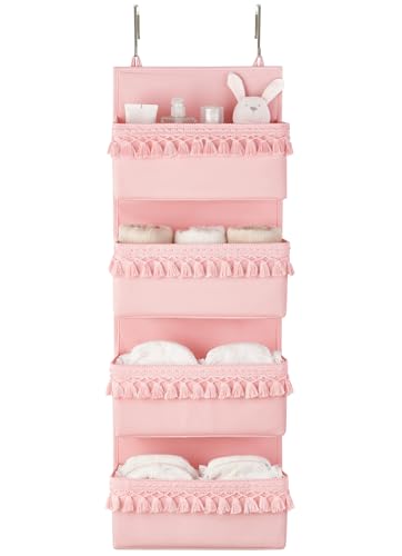 Dahey Over The Door Organizer Boho Nursery Storage Decor Closet Hanging Organizer with Tassels Decoration for Bedroom Nursery Bathroom Apartments Dorm Pantry, 4 Pockets, Pink - color: Pink, size: Medium