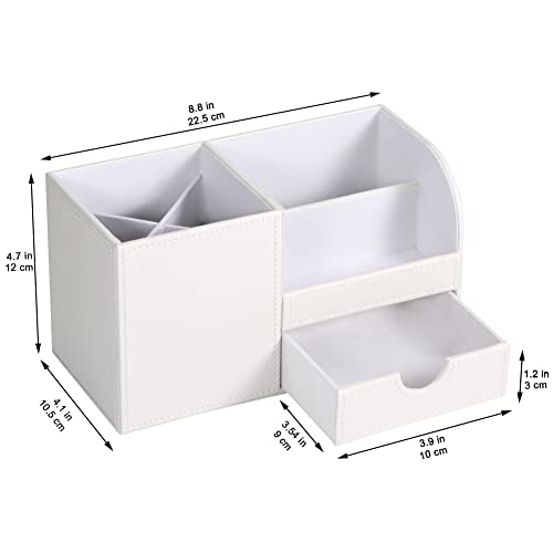 KINGFOM Desk Organizer Office Supplies Caddy Pu Leather Multi-function Storage Box Pen/Pencil,Cell phone, Business Name Cards Remote Control Holder with Small Drawer White - color: White
