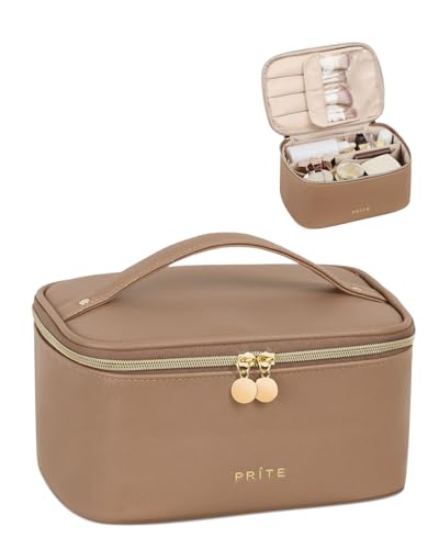 Prite Makeup Bag, Large Capacity Portable Travel Cosmetic Bag, Waterproof Makeup Organizer for Women with Handle and Divider (001 Brown) - color: 001 Brown