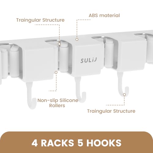 3PCS Broom Holder Wall Mount, No-Drilling Self-Adhesive Mop and Broom Storage Rack (4 Racks with 5 Hooks),Wall-Mounted Broom Hanger for Bathroom, Kitchen, Closet, Garage (White) - color: White