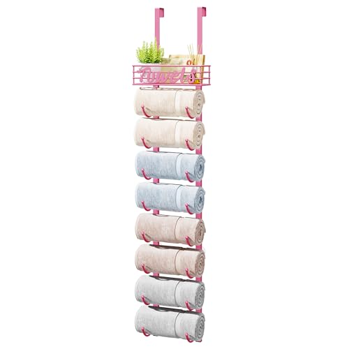 HapiRm Towel Racks for Bathroom Storage - 9 Tier Over The Door & Wall Mount Rolled Towel Storage Organizer Holder with Metal Shelf Basket for Small Bathroom, Camper, Rv - Pink, Patented - color: Pink, size: 9-Tier
