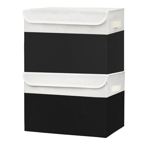 Bagnizer Large 42 Quarts Fabric Storage Bins with Lids [2-Pack] Linen Collapsible Foldable Baskets, Closet Organizer Containers boxes with Handles for Home Office (16.7 x 12 x 12, Black & White) - color: Black & White, size: Large - 2 Pack