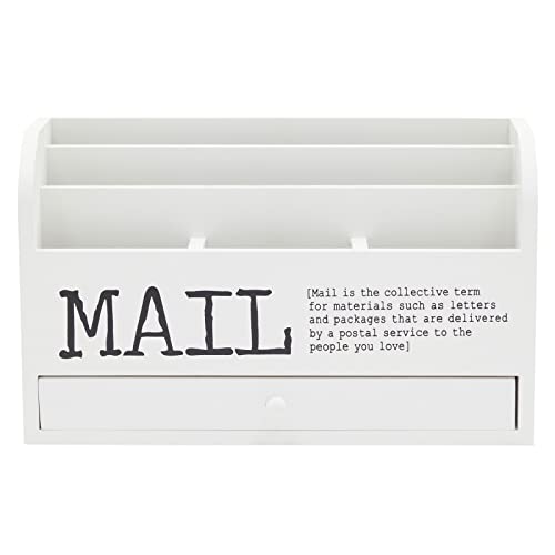 Juvale Wooden 3-Tier Countertop Mail Organizer - Desktop Organizer with Drawer for Paper & Supplies - Wall-Mount Mail Holder for Envelopes & Letters - White, 11 x 7 x 4 in