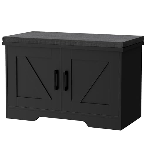 HOMSHO 2-Tier Storage Bench, 27.6" Wide Shoe Bench with Padded Seat Cushion, Entryway Bench with 2 Barn Doors and Adjustable Shelf, Black - color: Black, size: 27.6" Wide
