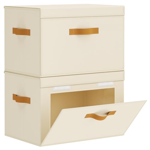 Homsorout Large Storage Bins with Lids - Front Opening Fabric Storage Bins, Flap Closet Organizer with Handles, Collapsible Boxes with Lid, Decorative Basket for Home, Dorm, 2 Pack, Beige - color: Beige, size: 16.5 Inch-2 Pack
