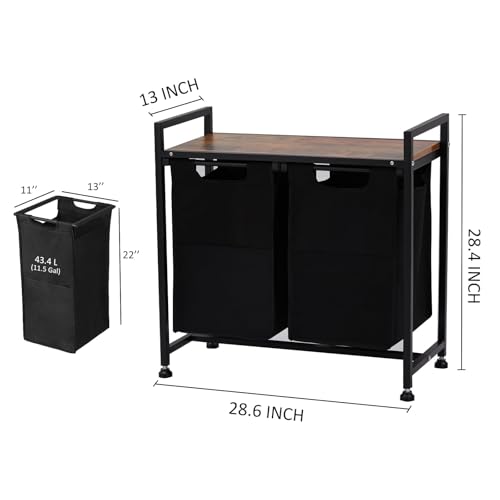 Laundry Sorter 2 Section, Laundry Hamper with Wheels, 2 × 11.5 Gal (87 L), Rolling Laundry Basket, Pull-Out and Removable Oxford Fabric Laundry Bags, Black - size: 28.6''L x 13''W x 28.4''H