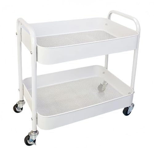 2 Tier Metal Rolling Cart with Wheels for Under Desk Storage & Pantry Storage, High Load-Bearing Kitchen Utility Cart for Small Space, Laundry Room Organization Side Table with 4 Hooks, White - color: White