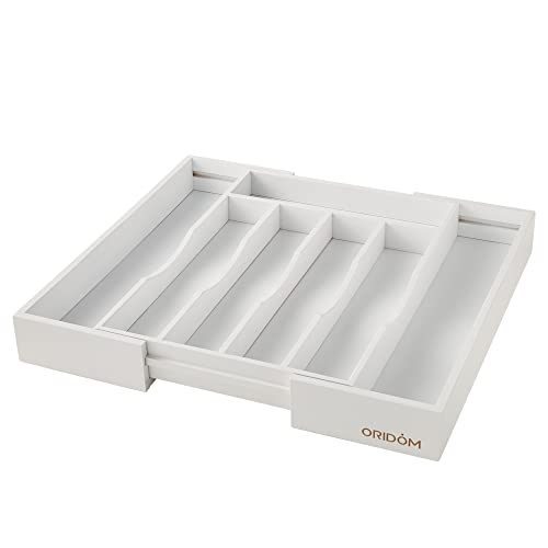 Expandable Bamboo Kitchen Drawer Organizer for Cutlery and Utensils, Adjustable Bamboo Wood Cutlery Tray in Drawer for Flatware and Silverware in Kitchen, (White) - color: White, size: 7 Slots Expandable