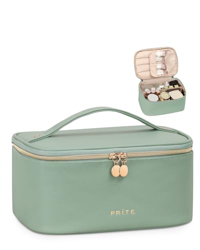 Prite Makeup Bag, Large Capacity Portable Travel Cosmetic Bag, Waterproof Makeup Organizer for Women with Handle and Divider (001 Green) - color: 001 Green