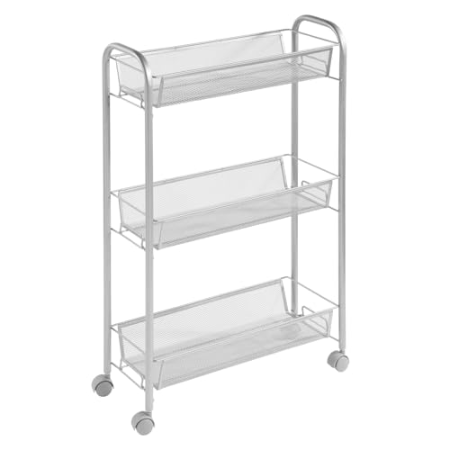 mDesign Steel Rolling Utility Cart Storage Organizer Trolley with 3 Basket Shelves for Laundry Room, Mudroom, Garage, Bathroom Organization - Holds Detergents, Hand Soap - Biro Collection, Silver - color: Silver