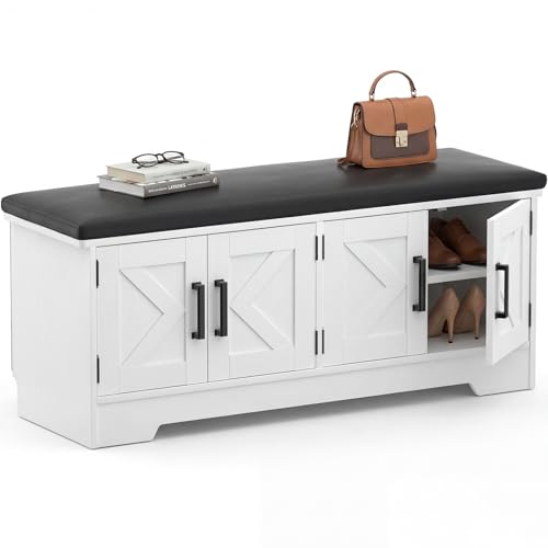 Farmhouse Shoe Storage Bench with Cushion - 43.3" Entryway Bench with Storage & 4 Barn Doors, 2-Tier Wooden Shoe Rack Bench, Hidden Shoe Cabinet & Mudroom Bench for Bedroom Hallway Living Room, White - color: White