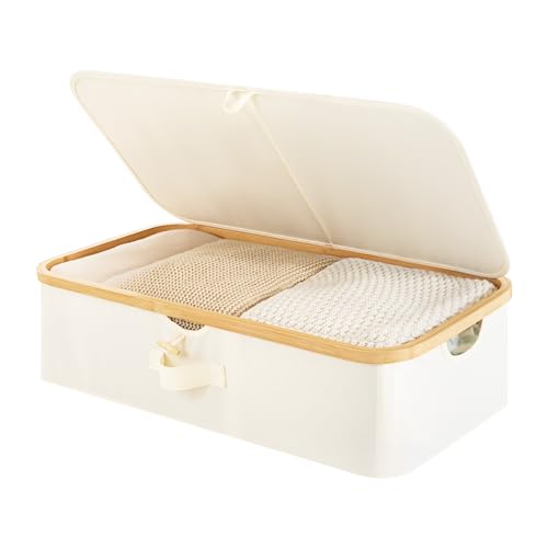 StorageWorks Underbed Storage Box with Bamboo Frame, 42L Flip-Top Under Bed Container for Blankets, Bed Sheets, Coverlets and Towels, Beige - color: Beige, size: 1