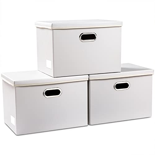 PRANDOM Large Stackable Storage Bins with Lids [3-Pack] Leather Fabric Foldable Storage Boxes Organizer Containers Baskets Cube with Cover for Bedroom Closet Office Nursery White (17.7x11.8x11.8) - color: White, size: Large(3-Pack)