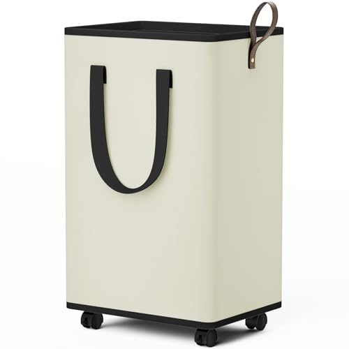 SpaceTrove Laundry Basket with Wheels, Collapsible Laundry Baskets, Laundry Hamper with Handles Detachable Wheels, Rolling Laundry Basket, Dirty Clothes Hamper for Bathroom, Dorm, Bedroom, Cream, 80L - color: Cream, size: 80L