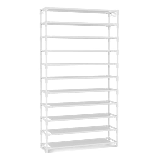 VILICK 11 Tiers Tall Wide Shoe Rack 55 Pairs Large Capacity Sturdy Durable Shoe Rack for Closet Metal Shoe Organizer Shelf with Two Hooks Space Saving for Entryway White - color: White