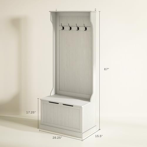 HOMCOM Hall Tree with Bench and Shoe Storage, 3-in-1 Entryway Bench with Coat Rack, 4 Hooks and Flip Top Storage Compartment, Cream White - color: Cream White, size: 28"