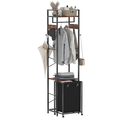 Coat Rack with Laundry Basket, Laundry Hamper Freestanding Hall Tree, Clothes Rack with Storage Shelves, 14.5 Gal Removable Bags on Wheels, Black and Brown JLH005SR - color: Black and Brown