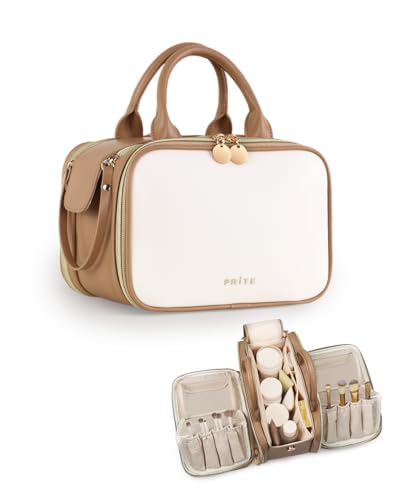 Prite Makeup Bag for Women, Large Capacity Waterproof Travel Cosmetic Organizer, Portable Open Flat Toiletry Bag with Free-standing Brush Holder and Handle(Beige Brown Large) - color: Beige-Brown, size: Large