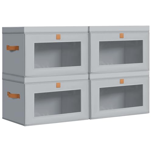 Homsorout Large Storage Bins with Lids - Fabric Collapsible Closet Storage Organizer with Window & Handles, Stackable Decorative Storage Boxes for Clothes, Blankets, Sweaters, 4 Pack, Grey - color: Grey, size: 4 Pack