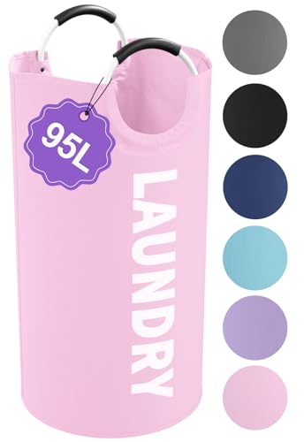95L Large Laundry Basket with Handles, Foldable Clothes Hampers Stand Up Well, Waterproof Dirty Clothes Hamper, Rugged Laundry Basket for Flat, Dorm, Hotel, Pink - color: Pink, size: L-95L