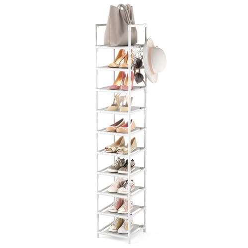 LANTEFUL Tall Narrow Shoe Rack 10-Tier Skinny Shoe Shelf Storage for 10-15 Pairs Shoes and Boots, Space Saving Corner Shoe Rack Organizer for Closet, Entryway, Garage, Living Room,White - color: White, size: 10 tiers
