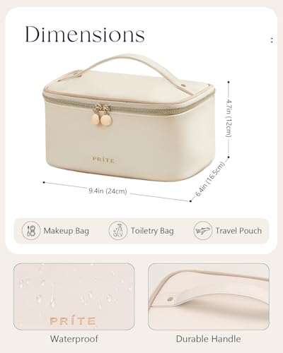 Prite Makeup Bag, Large Capacity Portable Travel Cosmetic Bag, Waterproof Makeup Organizer for Women with Handle and Divider (001 Beige) - color: 001 Beige