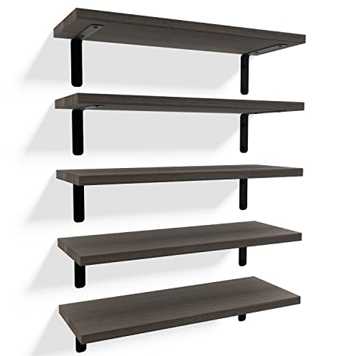RICHER HOUSE Floating Shelves for Wall Décor, Rustic Wood Wall Mounted Shelves for Bedroom Set of 5, Farmhouse Shelf for Bathroom, Hanging Shelves for Storage - Deep Brown - color: Deep Brown, size: 5 Pcs:16.52in