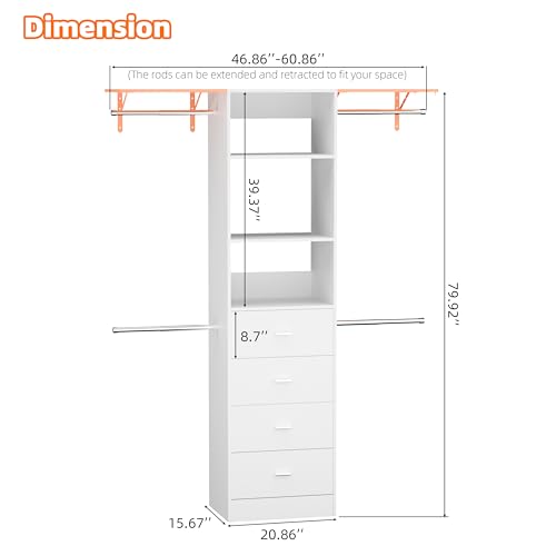 Closet System, Closet Organizer System With 4 Wood Drawers, Walk-In Closet Storage System With 4 Hanging Rods, Adjustable Cloth Garment Rack, Fits Spaces 3 to 5FT, White - color: 4 drawer 3 shelve, size: 1 PC