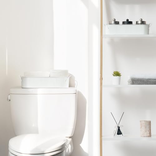 Mkono Metal Storage Basket for Toilet Tank Top Bathroom Decor, Galvanized Tray with Handle for Shelves, Farmhouse Toilet Paper Holder Organizing Bin Box for Countertop Living Room, Set of 2, White - color: White