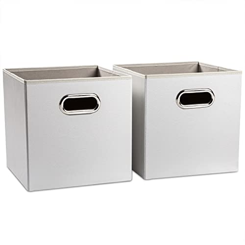 PRANDOM Leather Foldable Cube Storage Bins 11x11 inch [2-Pack] Fabric Storage Baskets Cubes Drawer with Cotton Handles Organizer for Shelves Nursery Closet Bedroom Clothes White - color: White, size: 11x11 in(2-Pack)