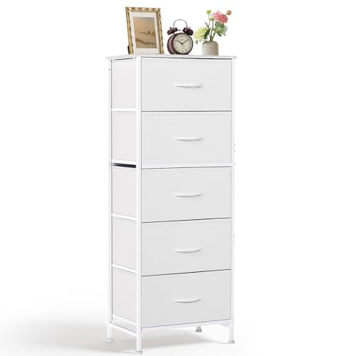 Nightstand, 5 Drawer Dresser End Table Bedside Furniture with Wooden Top Steel Frame Fabric Bins for Bedroom, Closet, Entryway, Dorm, Living Room, White - color: White, size: 11.8"D x 15.8"W x 47.8"H (5 Drawers)