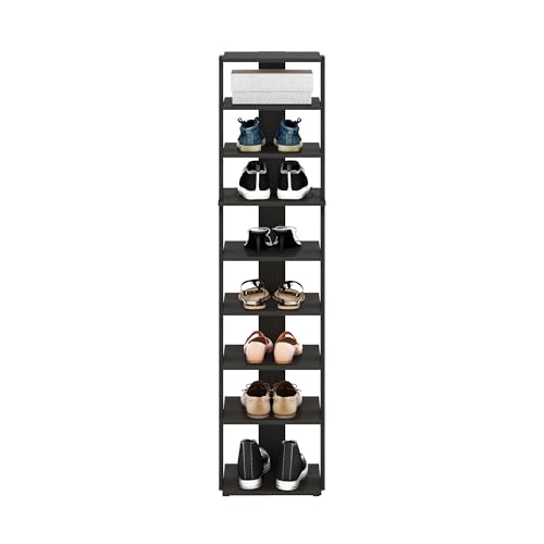 Furinno Compact Vertical Shoe Rack, 9-Tier Narrow Shoe Organizer, Free Standing Shoe Storage, Shoe Shelf for Boots, Sneakers, 12 x 12.6 x 51, for Closet, Entryway, Office, Garage, Espresso - color: Espresso, size: 9-tier, 51.2 Inch