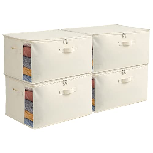 4 Pack Large Canvas Comforter Storage Bags Closet Organizer for Clothes Sweater Clothes Organizer with Dual Zipper Three Carrying Handles for Blanket Closet Storage Container - color: Natural color, style: 4 Pack