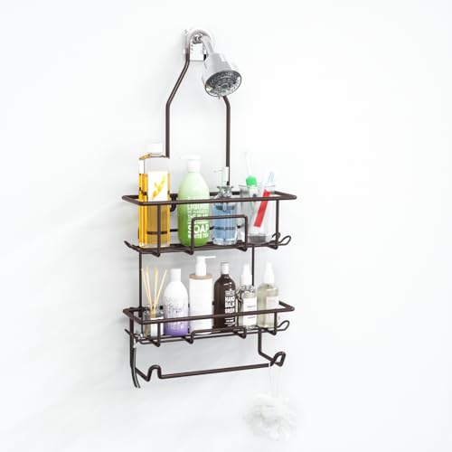 Shower Caddy Hanging over Shower Head Rust Roof Shower Organizer with 10 Hooks for Razor Shampoo Holder Bathroom Shower Rack Storage Shelf with Towel Bar – Bronze - color: A-Bronze