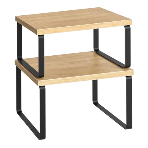 HOOBRO Cabinet Organizer Shelf, Set of 2, Kitchen Countertop Organizer, Kitchen Countertop Shelf, Spice Rack for Counter, Stackable, Expandable for Cabinet, Kitchen, Natural and Black BN33TL01 - color: Natural+ Black