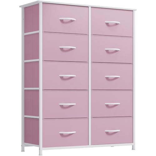 YITAHOME 10 Drawer Dresser - Fabric Storage Tower, Organizer Unit for Bedroom, Living Room, Hallway, Closets - Sturdy Steel Frame, Wooden Top & Easy Pull Fabric Bins, Pink - color: Pink, style: 10-Drawer