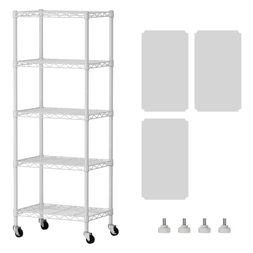 SINGAYE 6 Small Shelf Storage Wire Shelves Closet Bathroom Organizers Metal Pantry Kitchen Garage Shelving Unit Laundry Room Organization Home Narrow Rack Net Basket with Wheels White - color: White, size: 5Tier/11.5"D X 17.5"W X 57"H