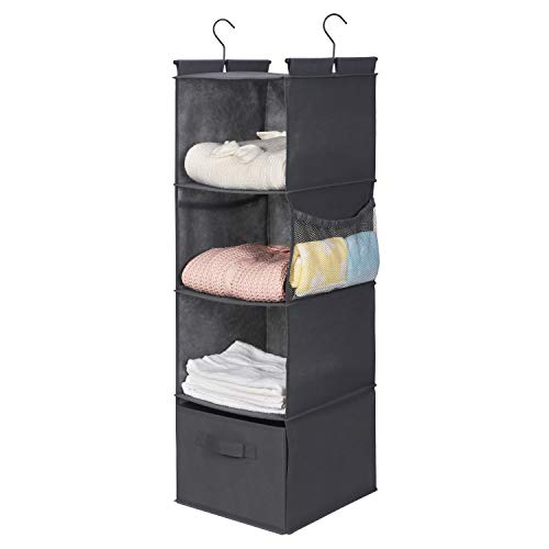 MAX Houser 4-Shelf Hanging Closet Organizer, Space Saver, Cloth Hanging Shelves with 2 Side Pockets, Foldable (Grey) - color: Grey-2